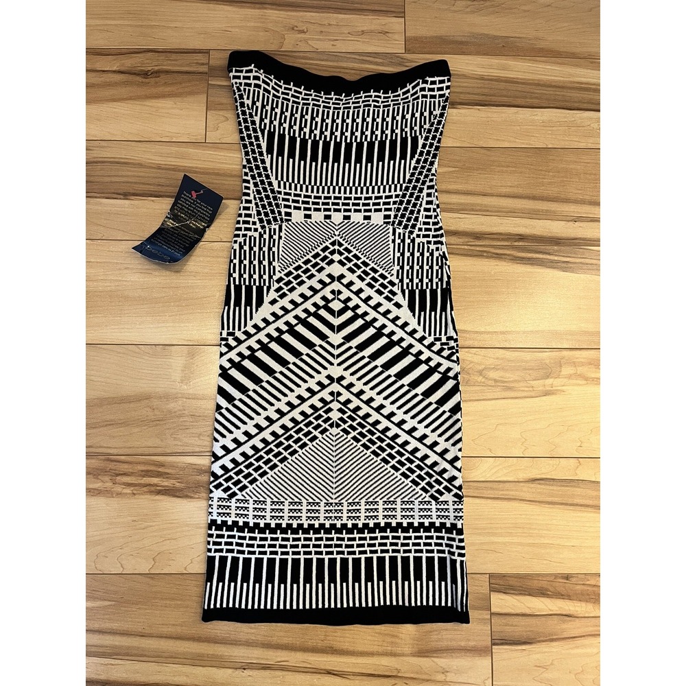bebe Strapless Bodycon Dress XS Black & White Geometric Pattern NWT Whimsygoth